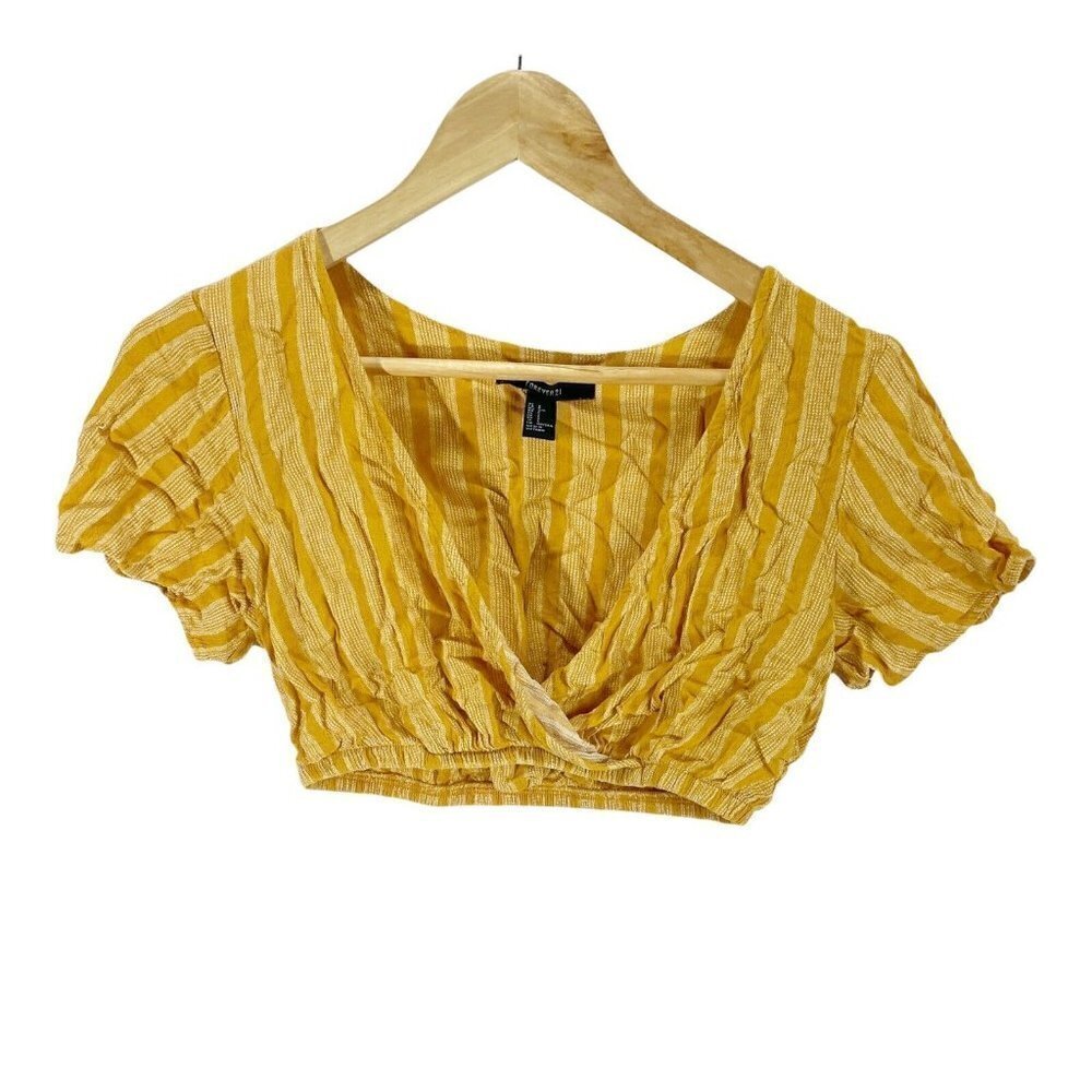 Forever 21 Yellow Striped V-neck Crop Top Sz S Short Ruffle Sleeves